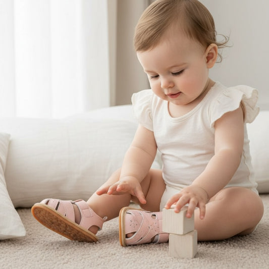 Baby girl sitting on the nursery floor wearing pink pre-walker sandals and playing with wooden toys