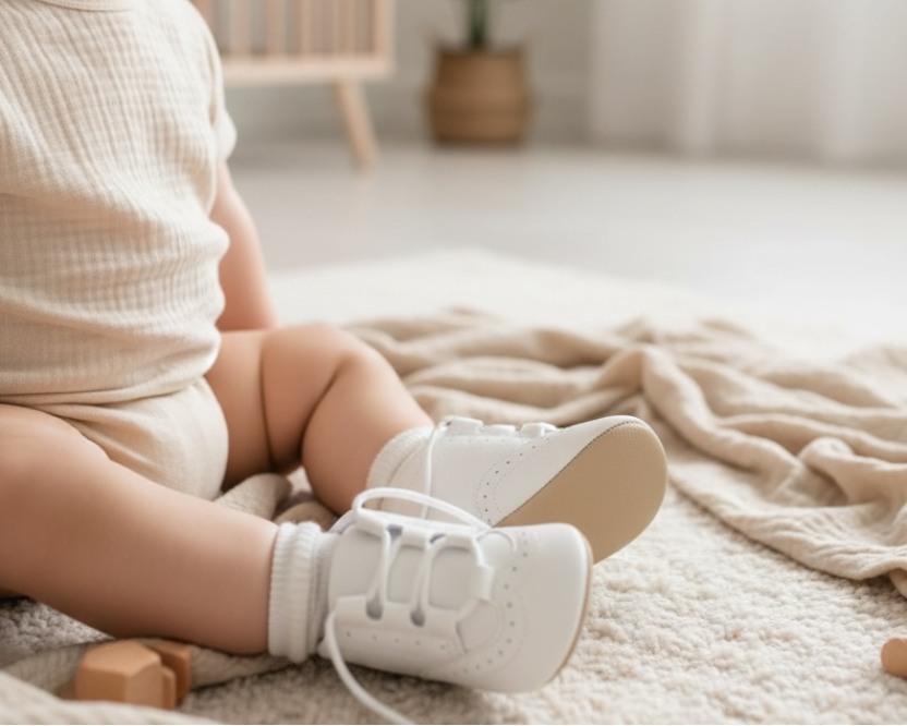 Baby sitting on a blanket wearing white shoes in a room with a crib and plant. 