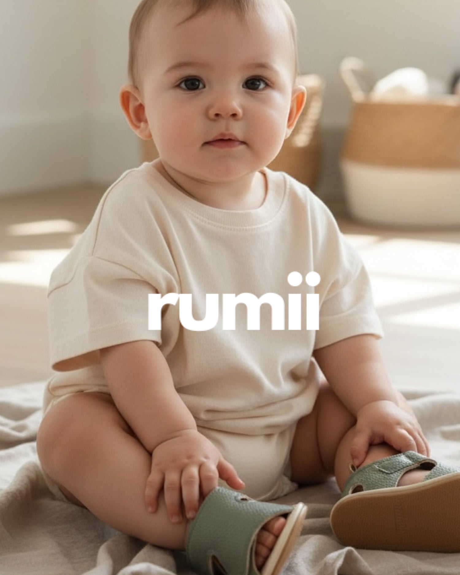 Baby sitting with Rumii Baby shoes and logo