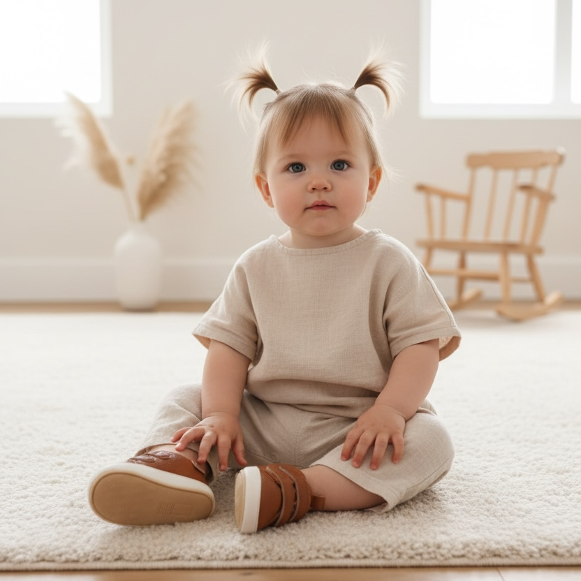 Baby girl sitting and wearing Noah brown prewalker shoes