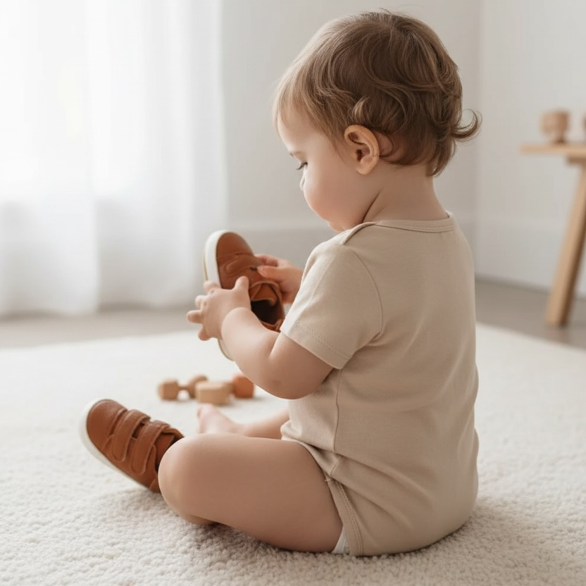 Baby playing with toys while wearing Noah brown prewalker shoes