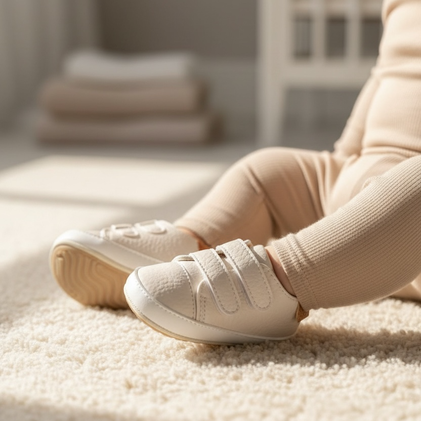 Baby cruising indoors wearing Noah cream prewalker shoes