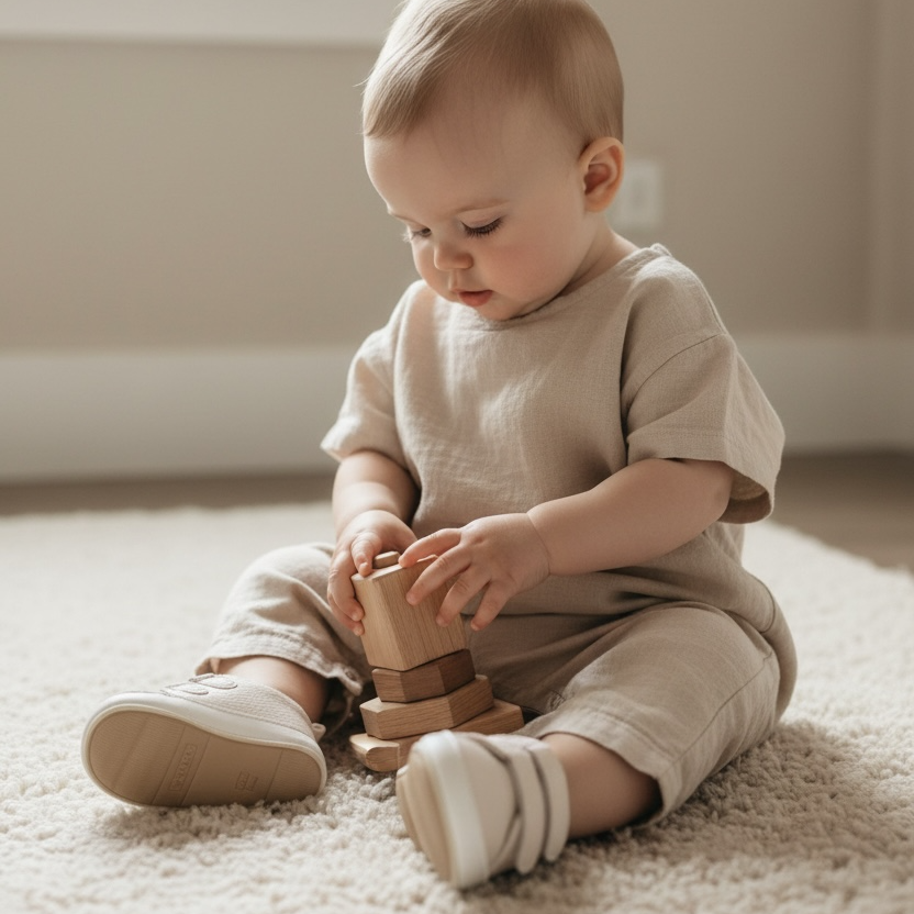 Baby sitting and playing with toys wearing Noah cream prewalker shoes