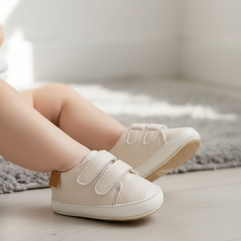 Baby wearing Noah cream prewalker shoes indoors