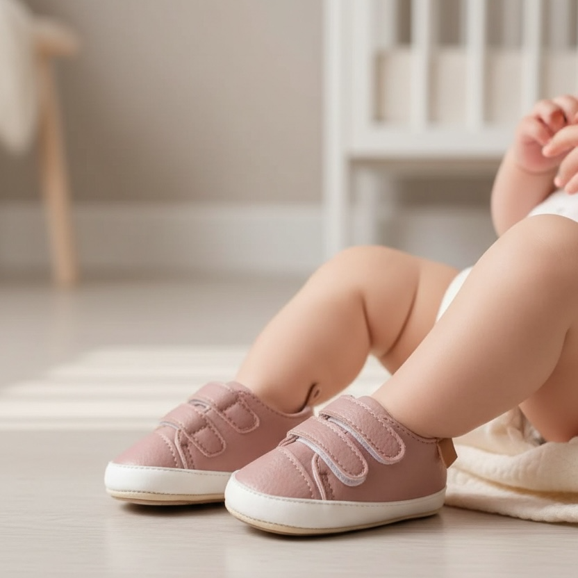 Baby laying on a play mat wearing Noah dusty pink prewalker shoes