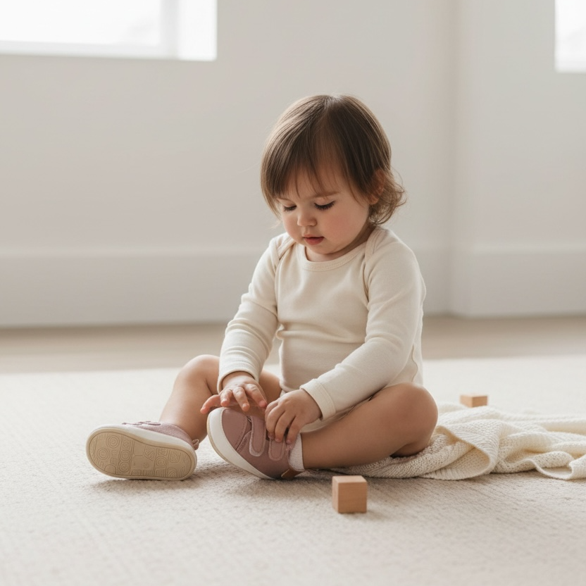 Baby sitting and playing with toys while wearing Noah dusty pink prewalker shoes