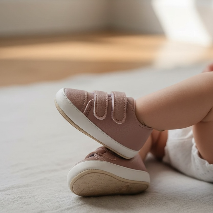 Baby wearing Noah dusty pink prewalker shoes while crawling