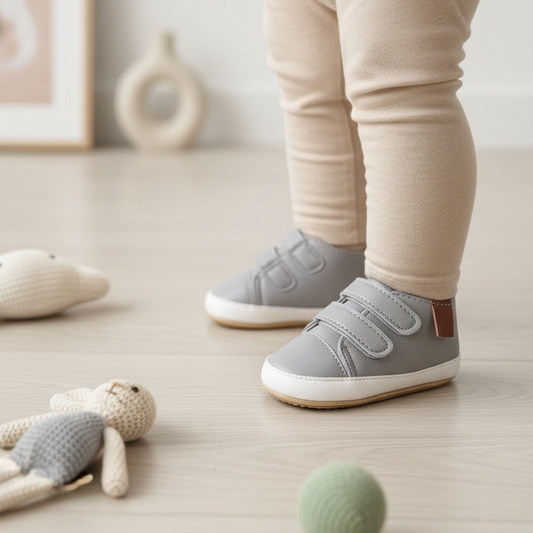 Child wearing Noah gray sneakers with beige leggings standing on a wooden floor with toys around.