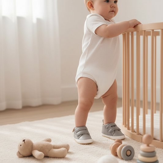 Baby wearing Noah grey prewalker shoes during early walking