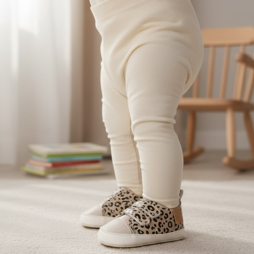Baby standing and cruising in Noah leopard print prewalker shoes