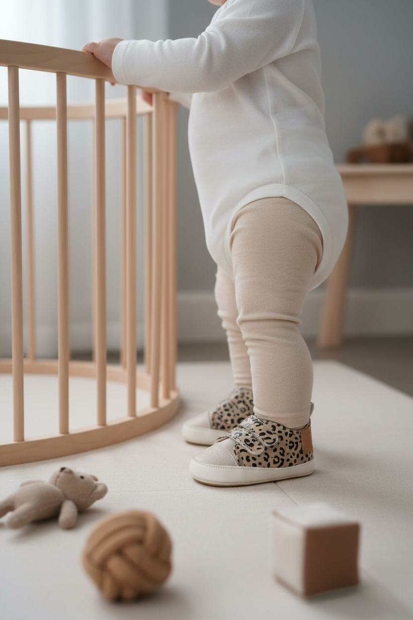 Baby sitting on the floor wearing Noah leopard print prewalker shoes