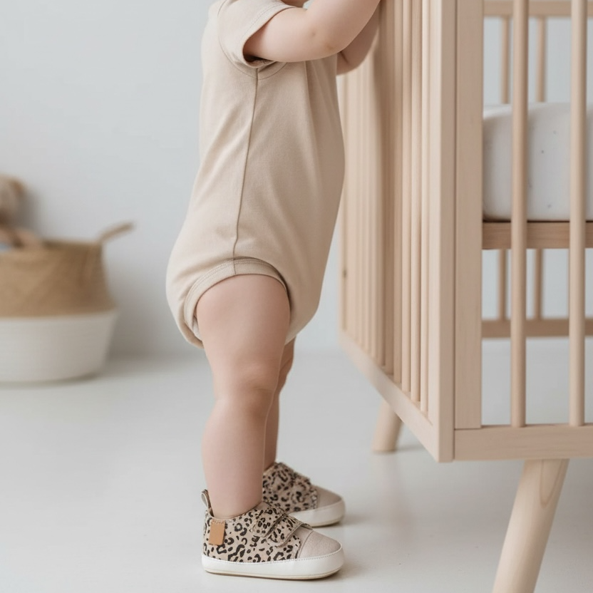 Child wearing Noah leopard print shoes standing next to a crib in a minimalistic room.