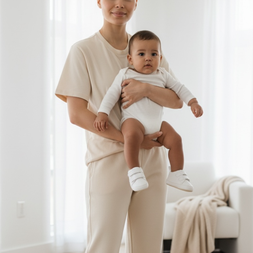 Lady holding a baby wearing Noah white prewalker shoes