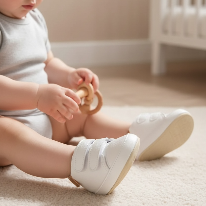 Baby wearing Noah white prewalker shoes during early movement