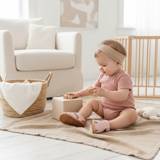 Pink baby sandals worn by a baby girl taking first steps while playing with toys in a soft nursery setting