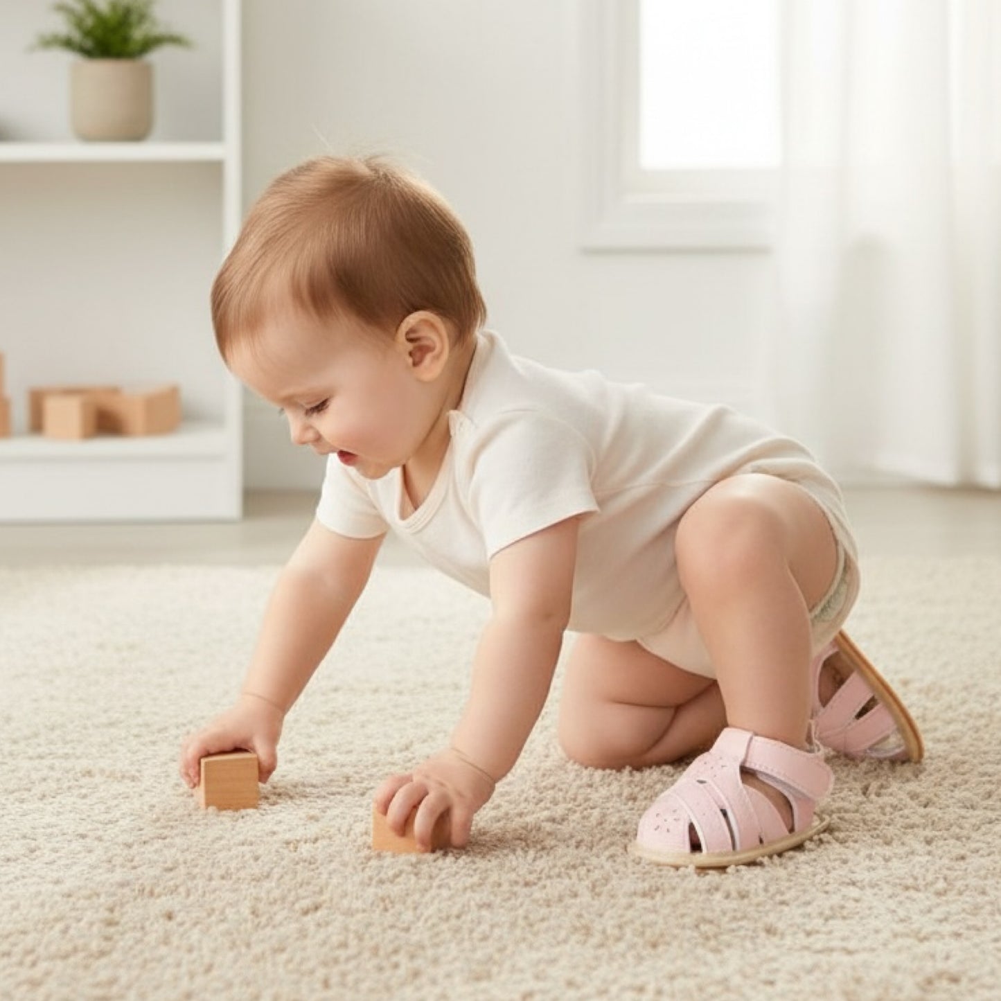 Baby girl crawling in a nursery wearing lightweight pink baby sandals designed for comfort