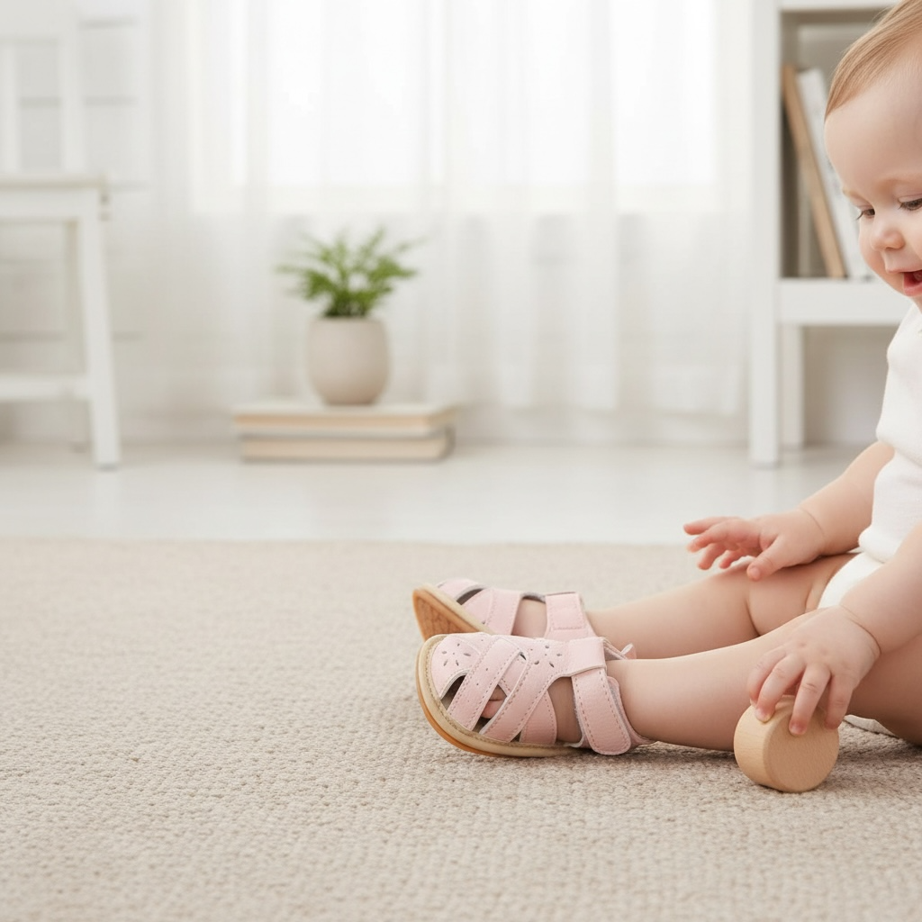 Pink baby sandals styled on a baby girl in a neutral nursery with soft toys and natural light