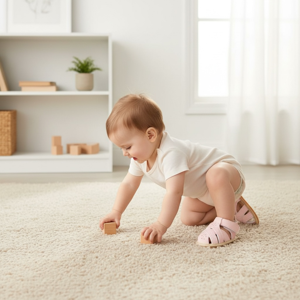 Baby girl wearing pink baby sandals while playing with soft toys on the nursery floor during daytime