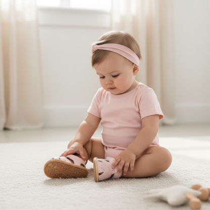 Baby girl wearing pink pre-walker sandals while playing independently in a modern nursery