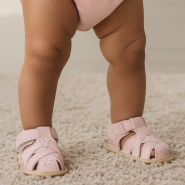 Close-up of soft sole pink baby sandals on a baby girl’s feet during indoor playtime