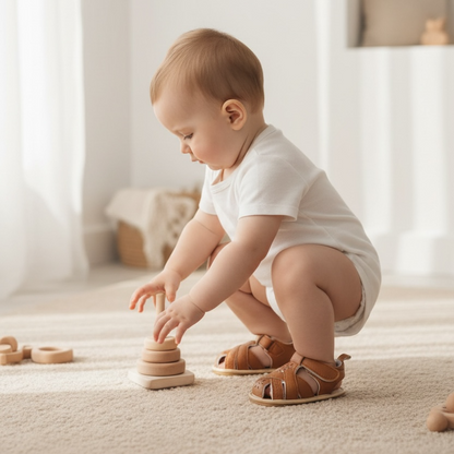 Baby wearing tan baby sandals while playing on the floor with soft toys in a calm nursery
