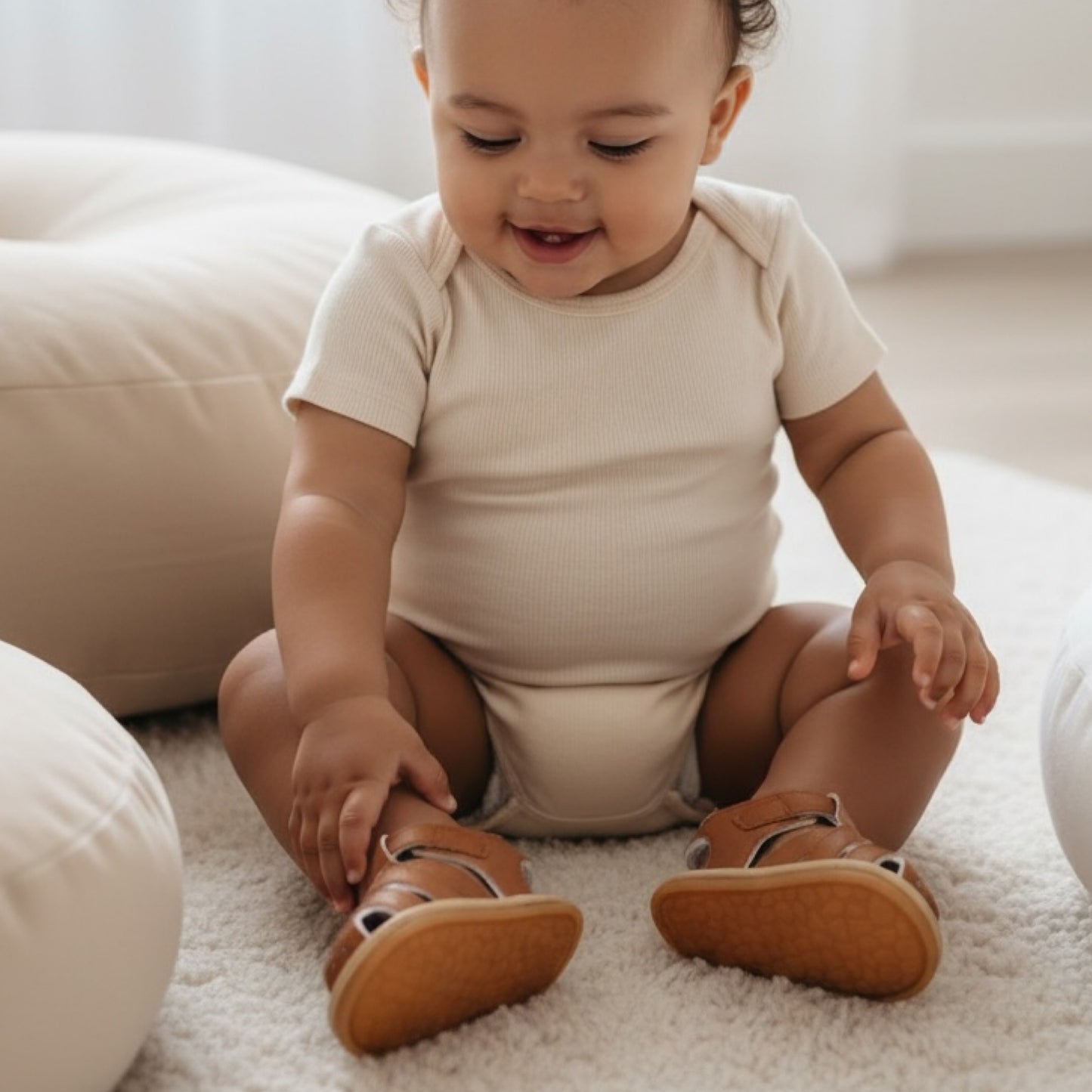 Tan baby sandals worn by a baby in a minimalist nursery with natural light