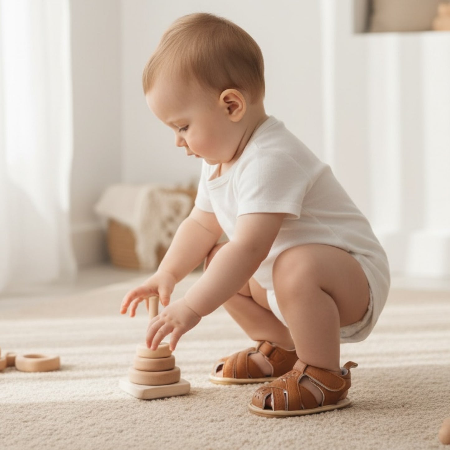 Baby wearing tan baby sandals while sitting and playing with toys in a neutral nursery