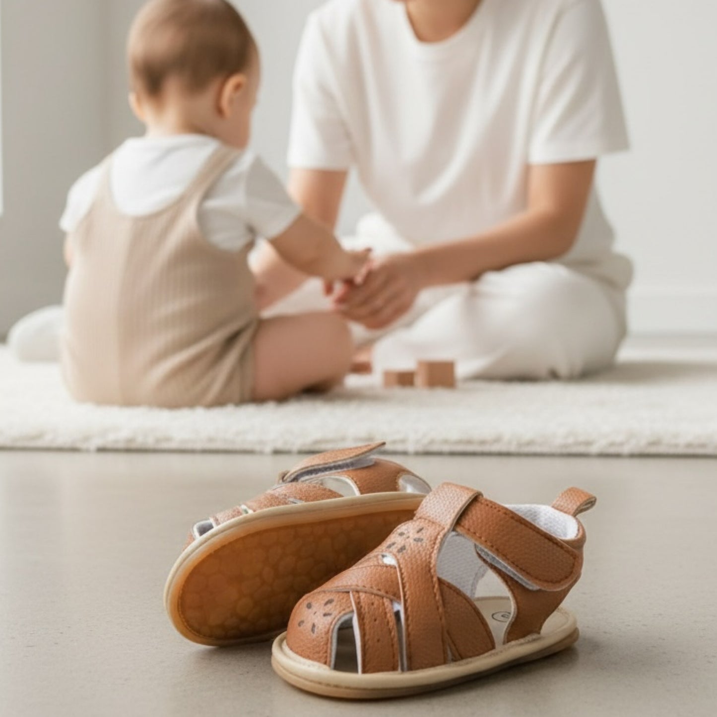 Tan baby sandals with flexible soft sole photographed on a neutral background