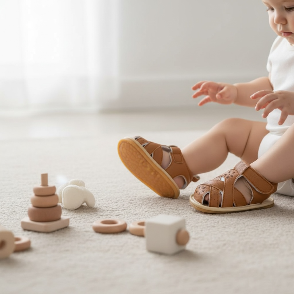 Baby wearing tan pre-walker sandals during everyday indoor playtime