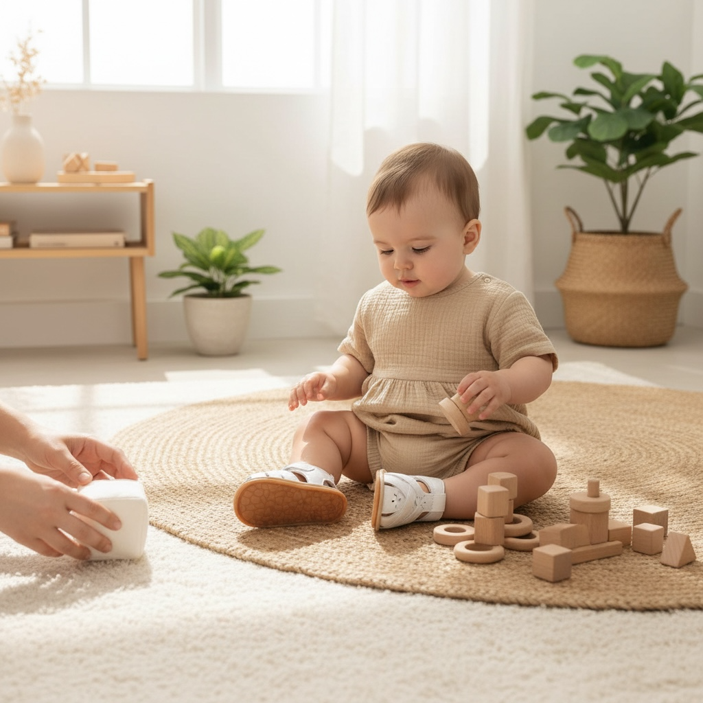 Baby sitting on a nursery floor wearing white baby sandals and playing with soft toys
