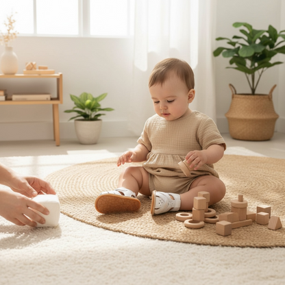Baby sitting on a nursery floor wearing white baby sandals and playing with soft toys