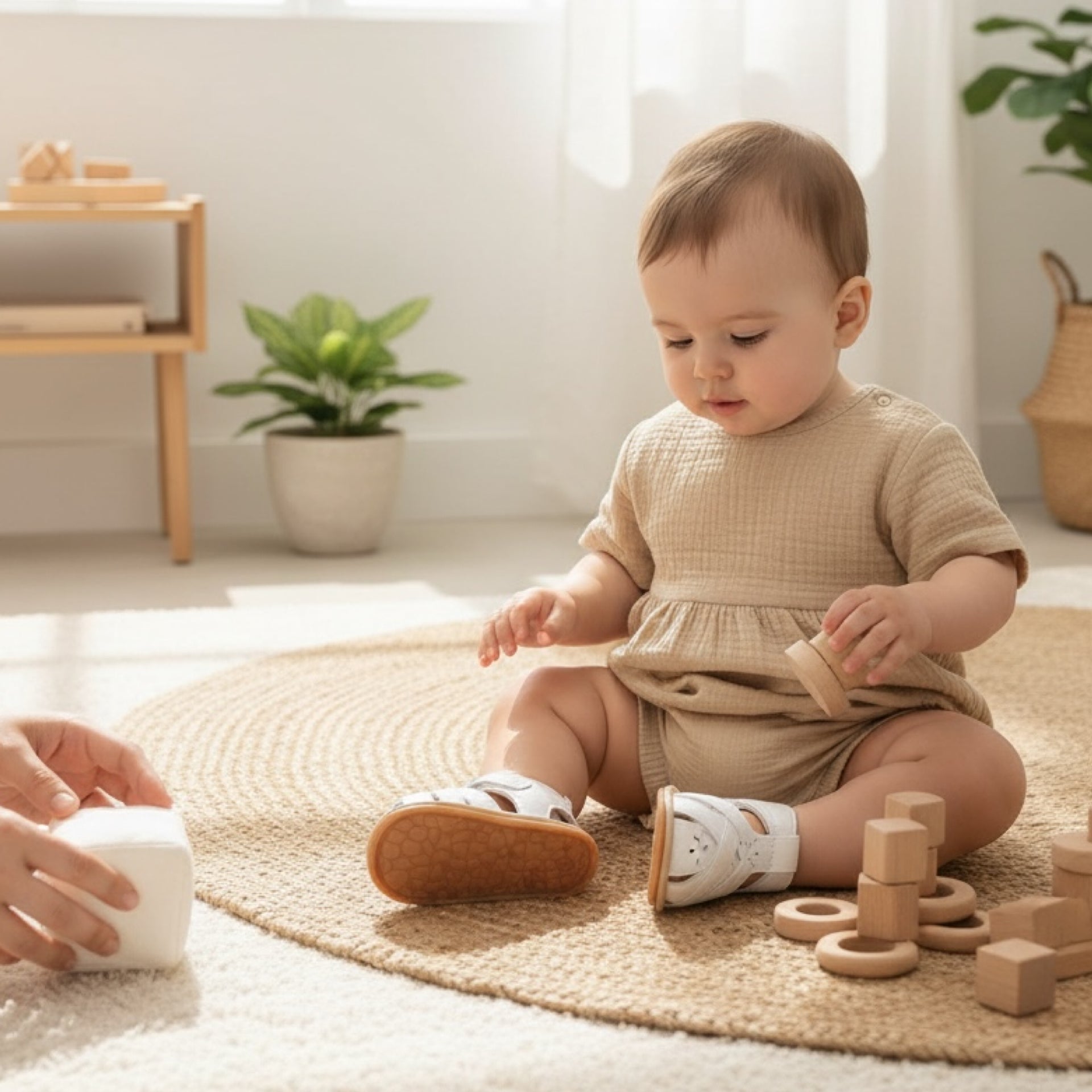 White baby sandals styled on a baby in a neutral nursery with natural light