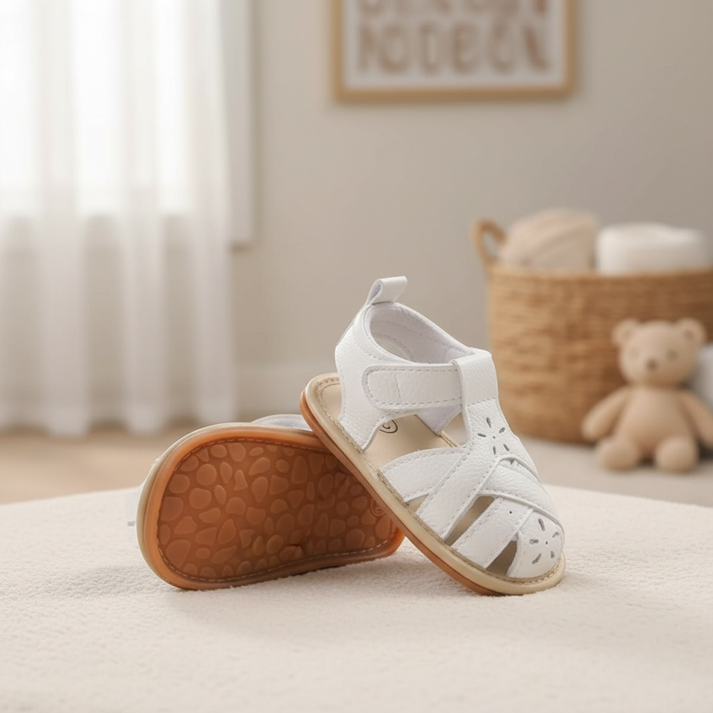 White baby sandals with soft flexible sole photographed on a neutral background