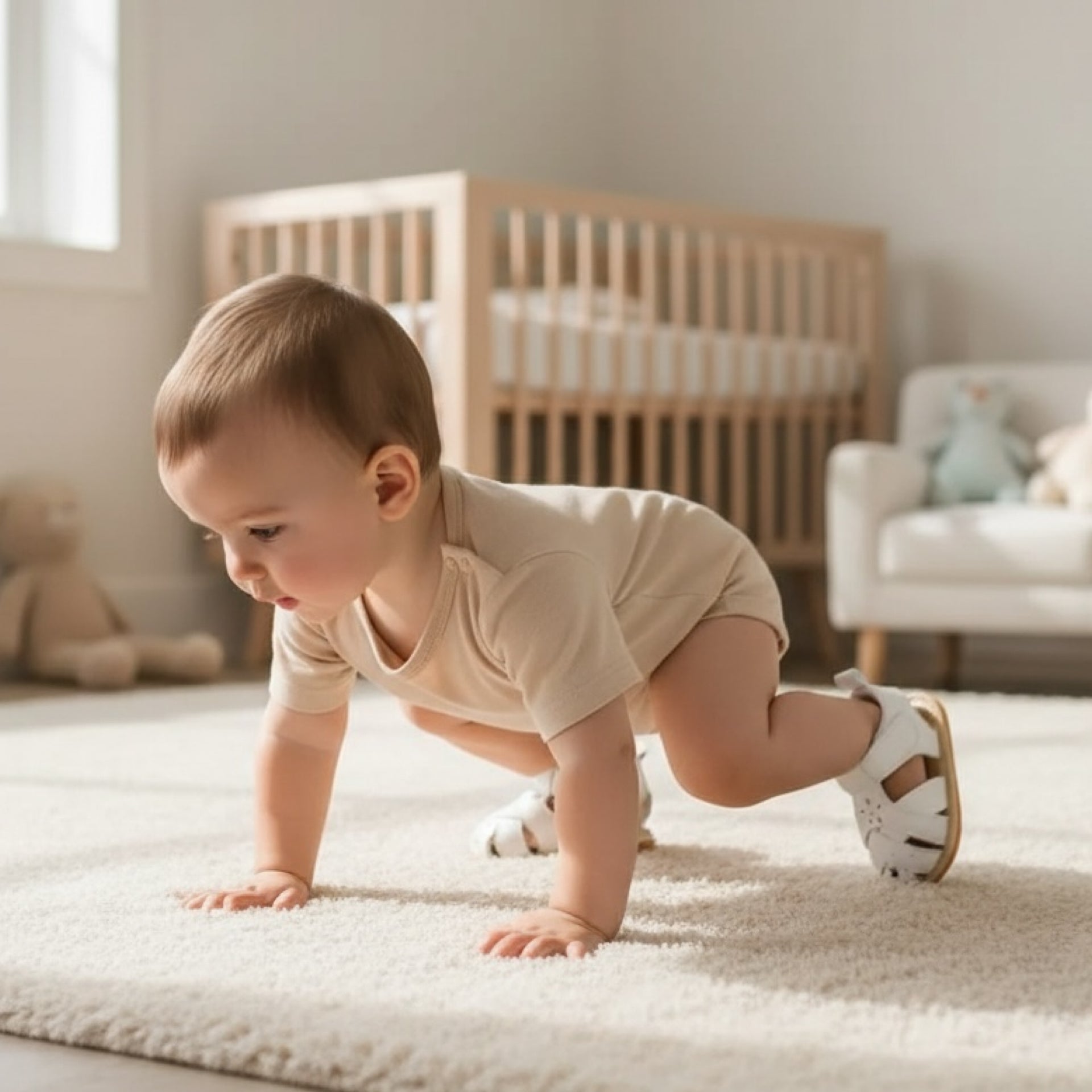 White baby sandals worn by a baby girl taking early steps in a bright nursery setting