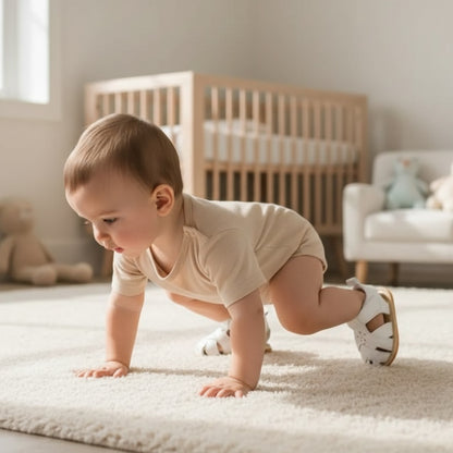 White baby sandals worn by a baby girl taking early steps in a bright nursery setting