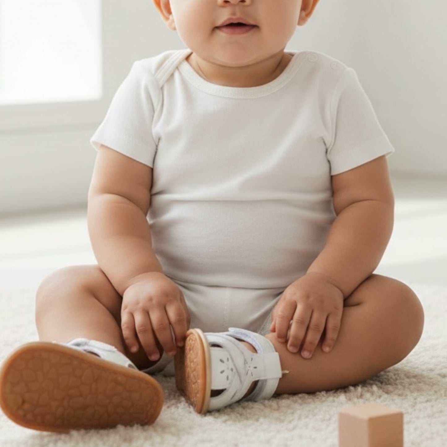 Baby girl crawling indoors wearing soft sole white baby sandals designed for comfort